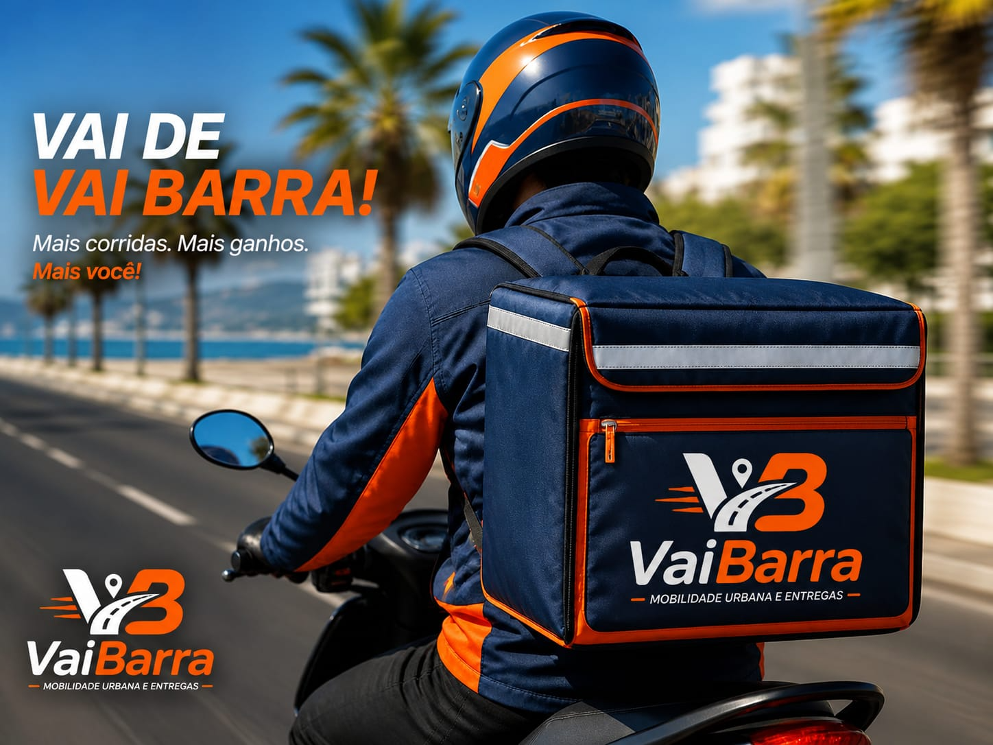 Entregador VaiBarra em moto com bag de entregas da marca