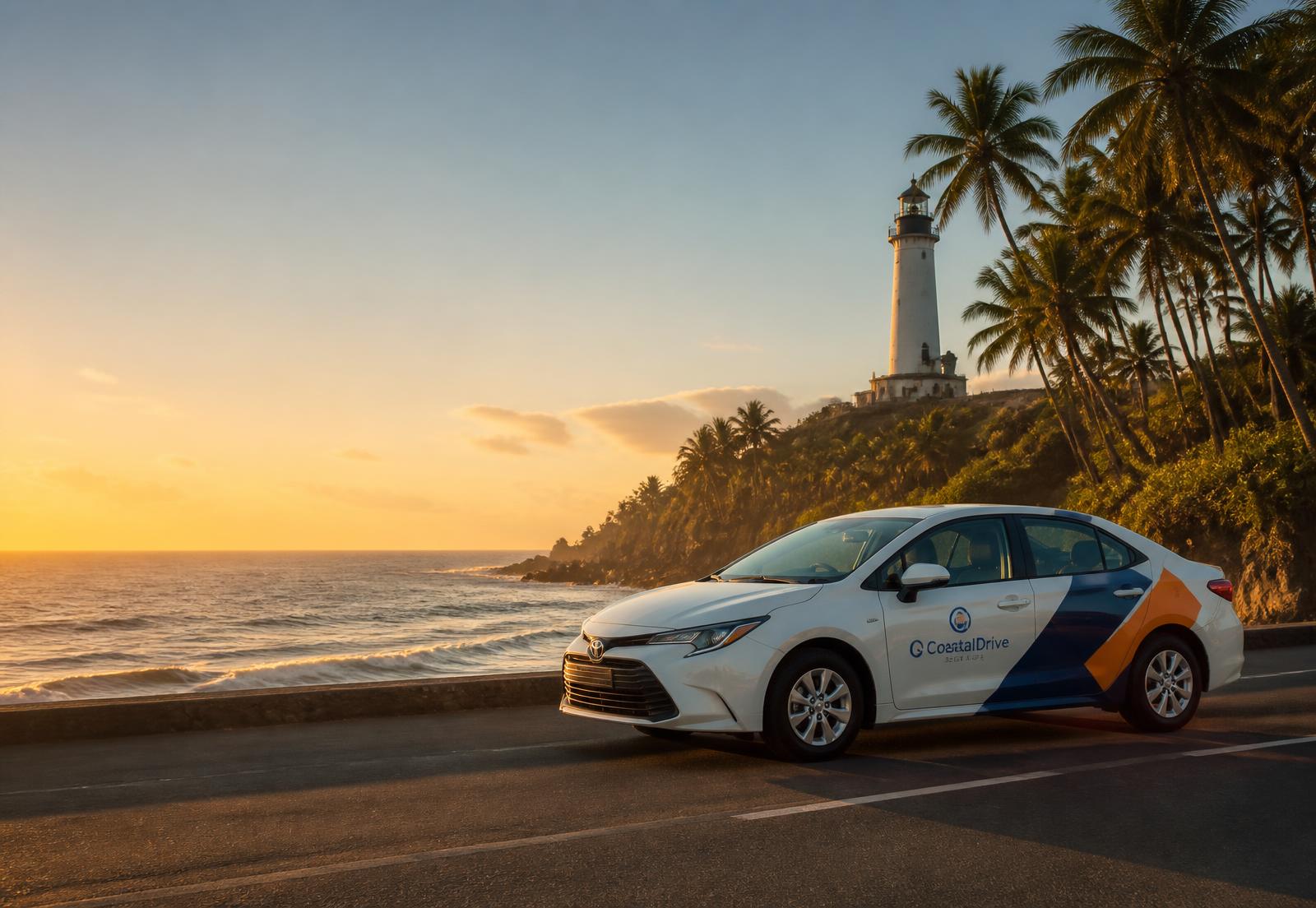 Carro VaiBarra na orla de São João da Barra ao pôr do sol